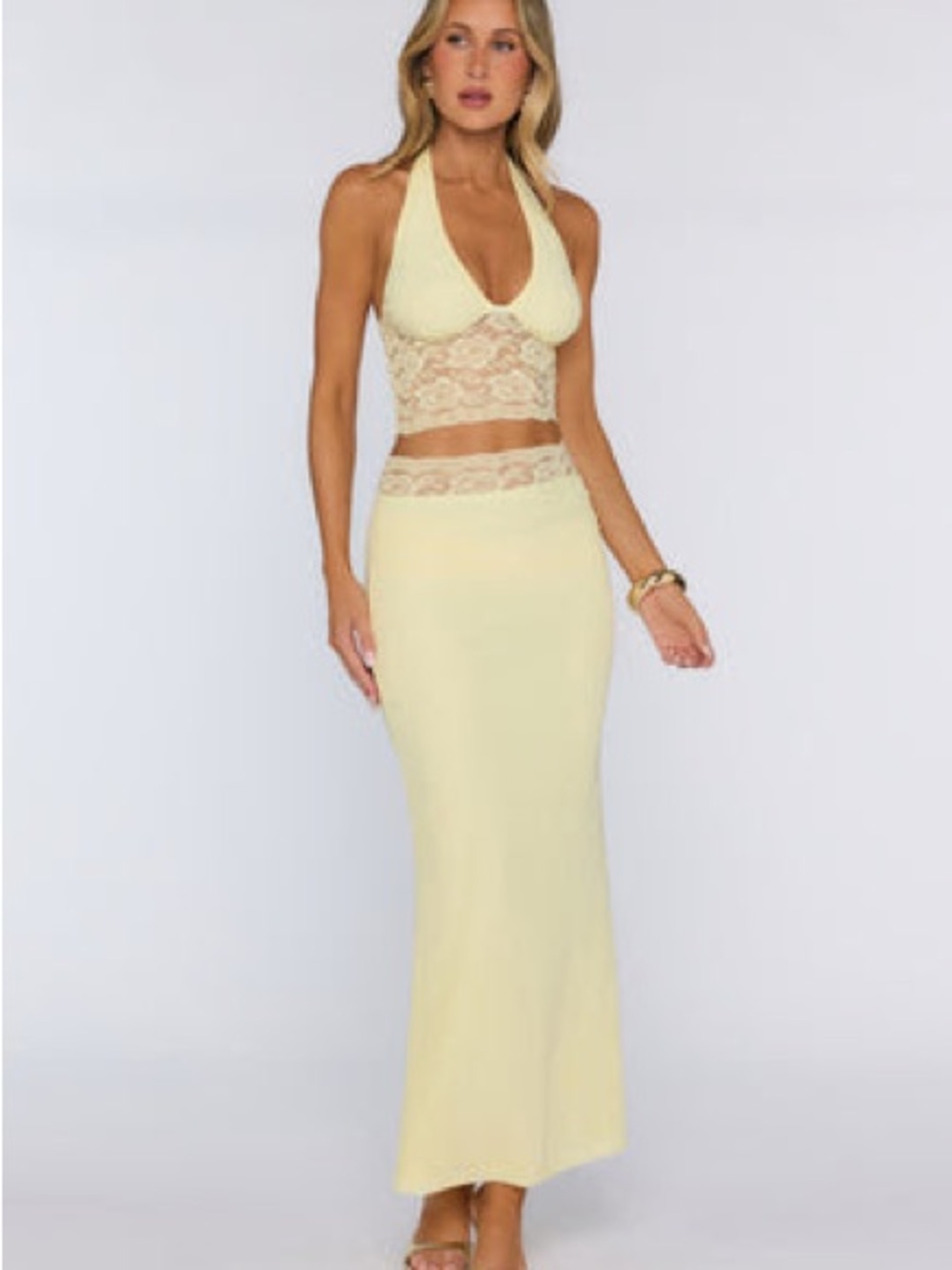 Hello Molly Pale Yellow Midi Slip Dress with Cowl Front